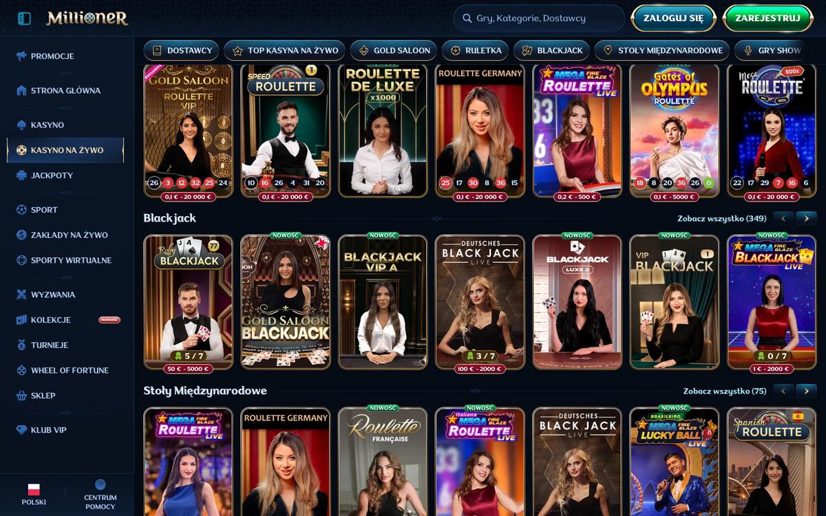 Kasyno na żywo Millioner: rzędy ruletek, m.in. Speed Roulette, Mega Fire Blaze Roulette Live i Gates of Olympus Roulette, blackjacka oraz stołów międzynarodowych z limitami stawek w euro
