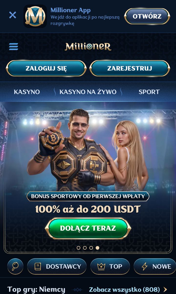 Mobilna wersja Millioner w przeglądarce: pasek Millioner App, przyciski Zaloguj się i Zarejestruj, zakładki Kasyno, Kasyno na żywo i Sport, baner bonusu 100% do 200 USDT i rząd Top gry