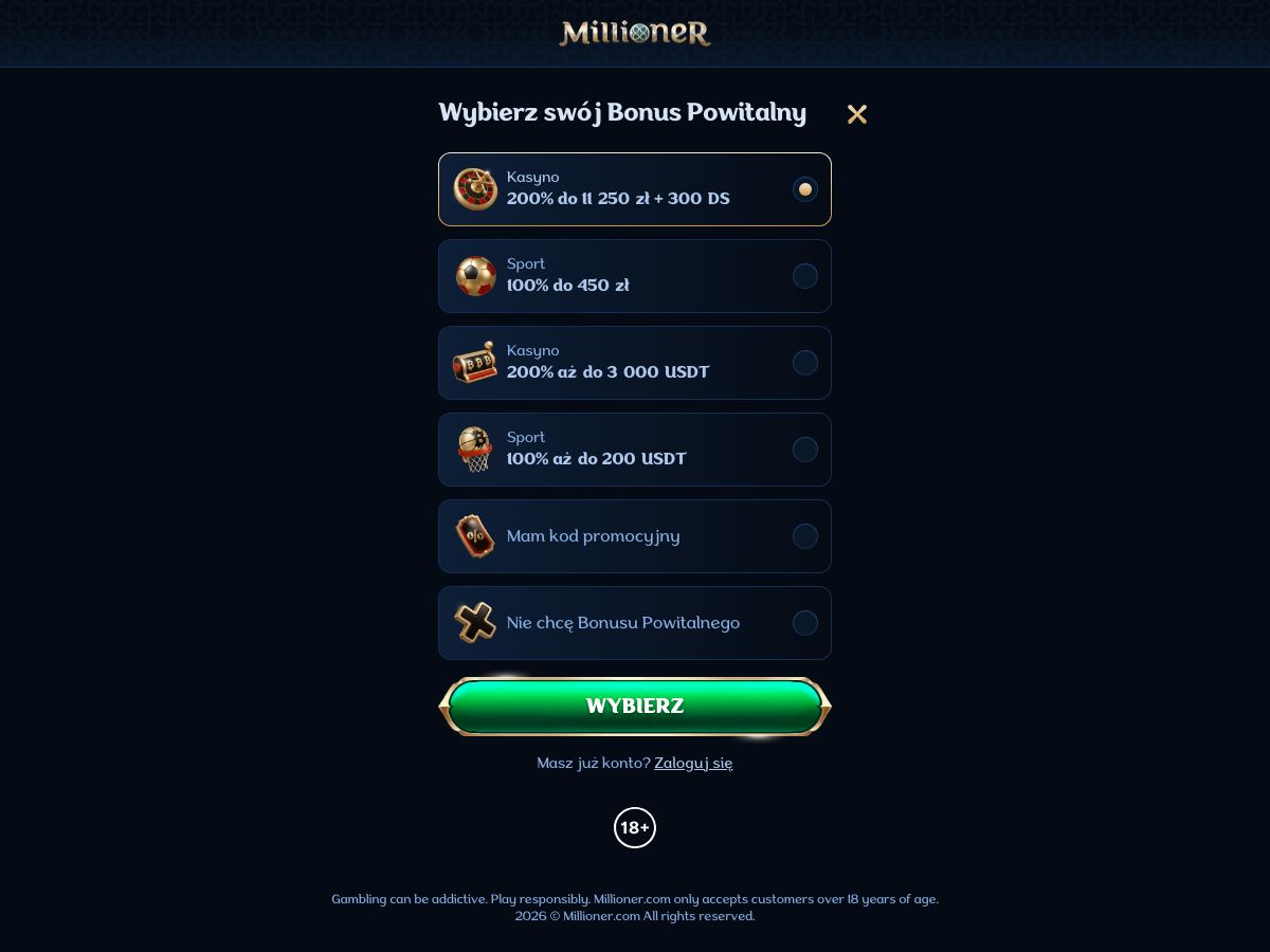 Pierwszy ekran rejestracji Millioner: wybór bonusu – kasyno 200% do 11 250 zł + 300 DS, sport 100% do 450 zł, oferty w USDT, kod promocyjny i rezygnacja z bonusu