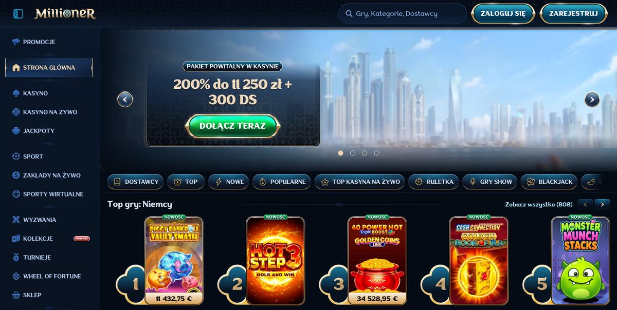 Strona główna Millioner Casino: baner pakietu powitalnego 200% do 11 250 zł + 300 DS, menu boczne i rząd Top gry z jackpotami
