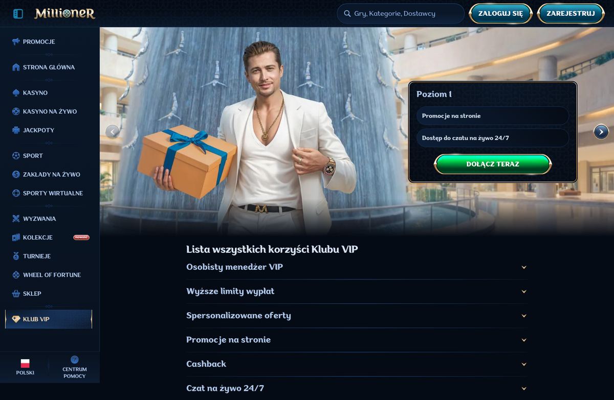 Strona Klubu VIP Millioner: karta poziomu 1 z promocjami i czatem 24/7 oraz lista korzyści – menedżer VIP, wyższe limity wypłat, oferty spersonalizowane, cashback