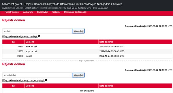 Dwa wyszukiwania w rejestrze domen MF: mr.bet, apps.mr.bet i www.mr.bet dodane 24.10.2022 oraz „Nie znaleziono” dla mrbet.global
