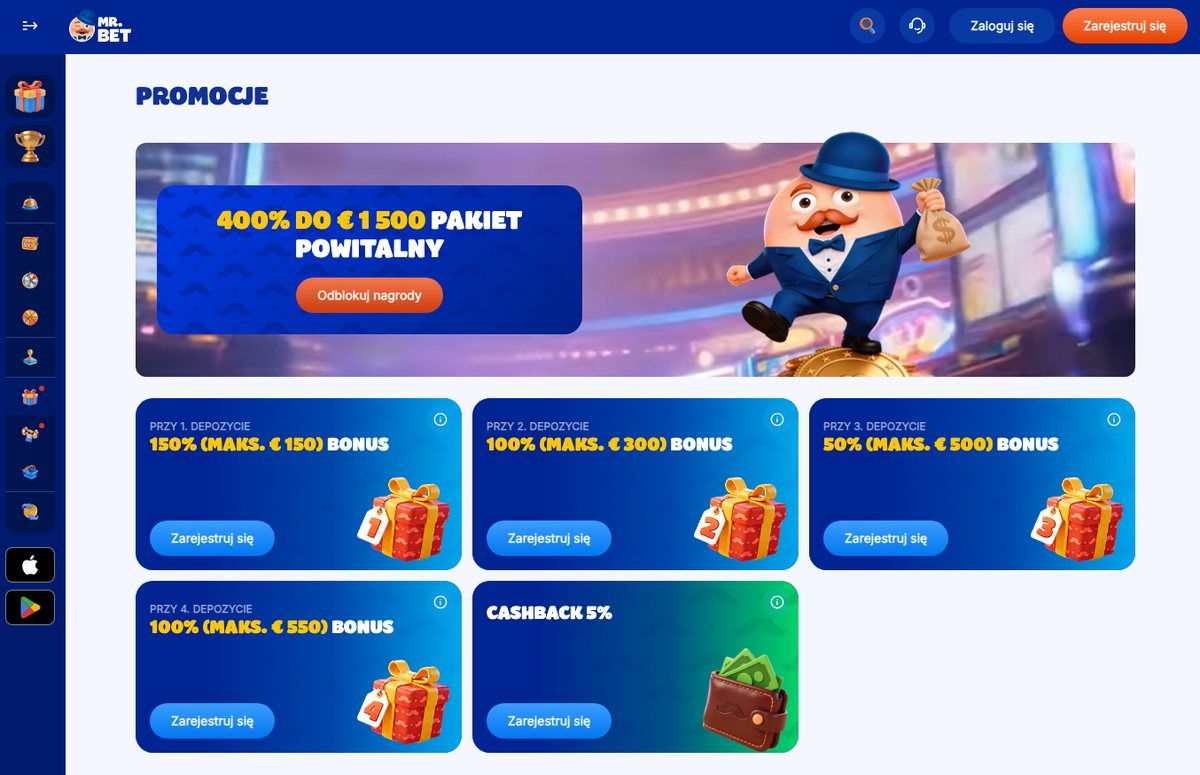 Strona promocji Mr Bet: baner 400% do 1 500 € i karty czterech bonusów powitalnych oraz cashbacku 5%