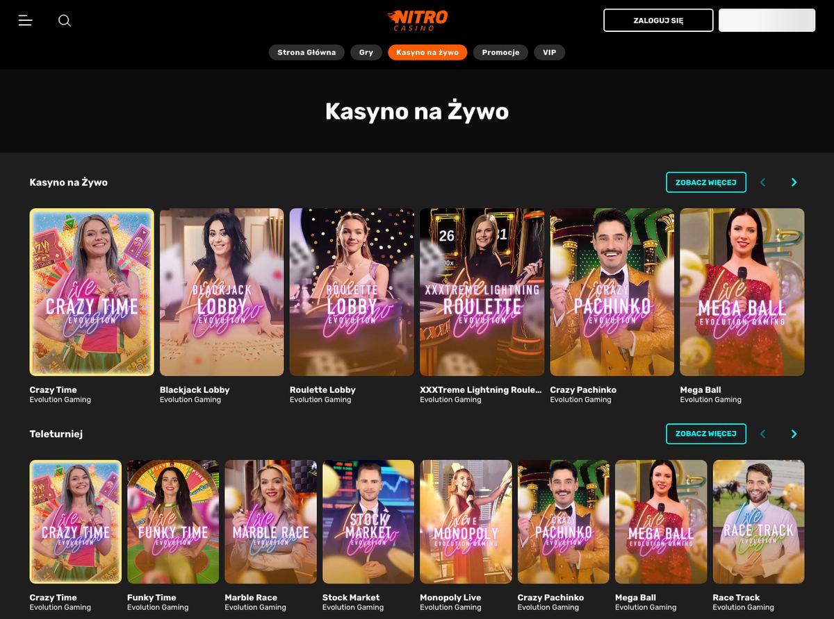 Kasyno na żywo w Nitro Casino: rzędy Kasyno na Żywo i Teleturniej ze stołami Evolution – Crazy Time, Blackjack Lobby, XXXTreme Lightning Roulette, Mega Ball, Monopoly Live