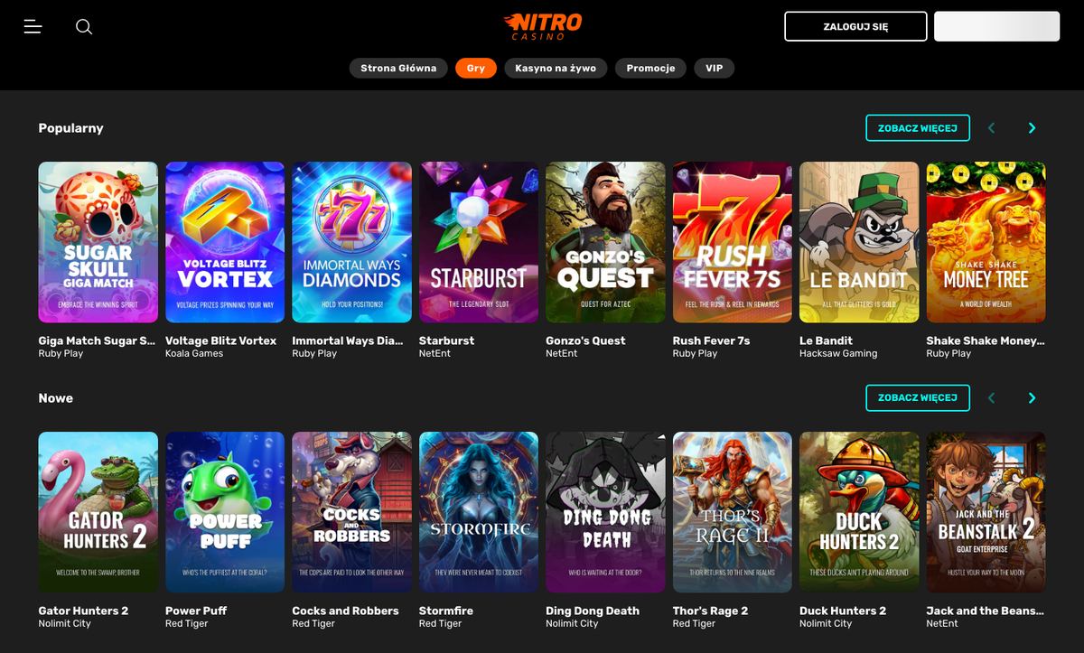 Lobby automatów Nitro Casino: rzędy Popularny i Nowe z grami Giga Match Sugar Skull, Starburst, Gonzo’s Quest, Le Bandit, Gator Hunters 2 i Thor’s Rage 2