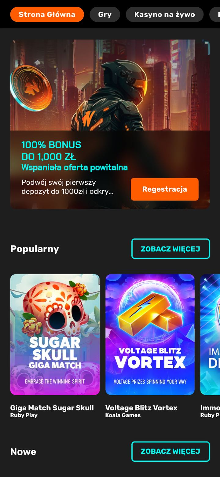 Nitro Casino na telefonie: menu kategorii, baner 100% bonus do 1 000 zł z przyciskiem Rejestracja oraz rzędy Popularny i Nowe