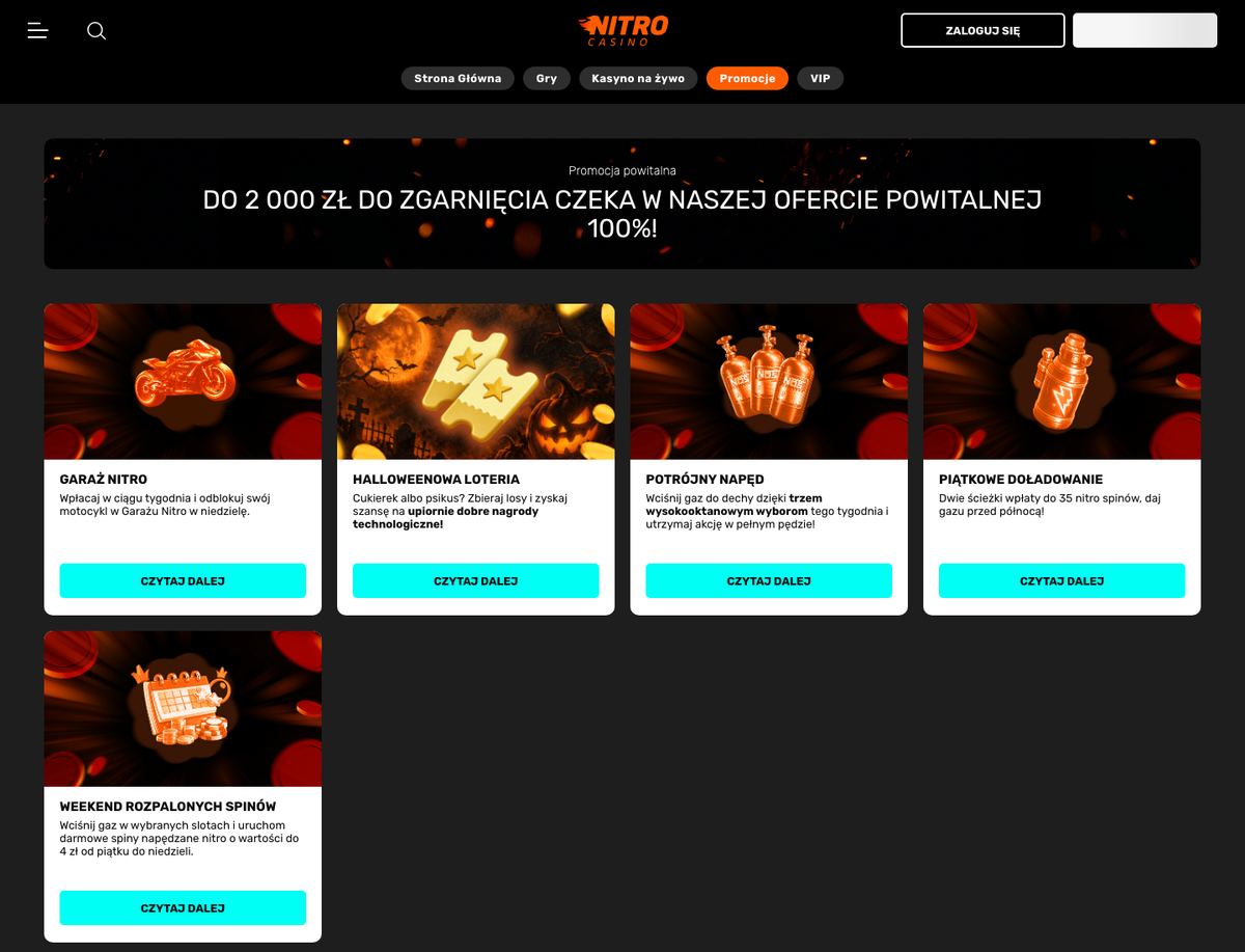 Zakładka Promocje w Nitro Casino: baner do 2 000 zł w ofercie powitalnej 100% i karty Garaż Nitro, Halloweenowa loteria, Potrójny napęd, Piątkowe doładowanie oraz Weekend rozpalonych spinów