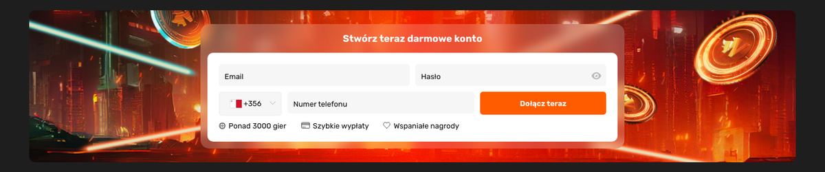 Formularz Stwórz teraz darmowe konto w Nitro Casino: pola Email, Hasło, numer telefonu z prefiksem +356 i przycisk Dołącz teraz