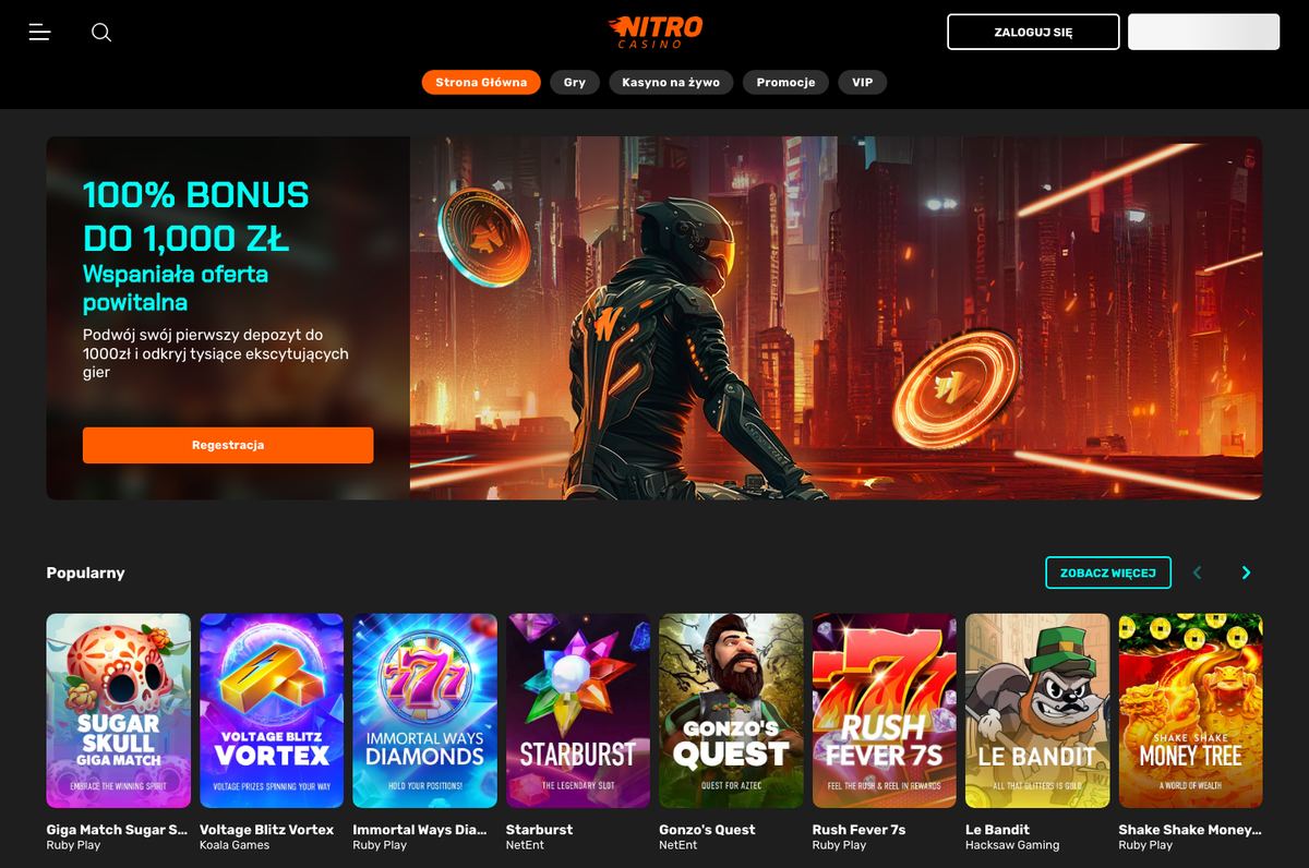 Strona główna Nitro Casino: baner 100% bonus do 1 000 zł, przycisk Rejestracja i rząd Popularny z automatami Ruby Play, NetEnt i Hacksaw Gaming