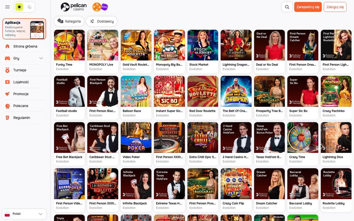Stoły Evolution w kasynie na żywo Pelican Casino