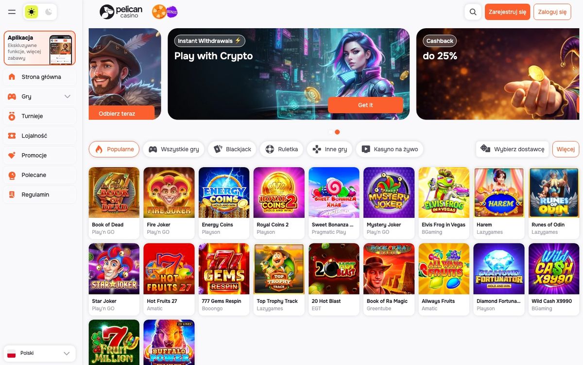 Lobby Pelican Casino z banerami cashbacku