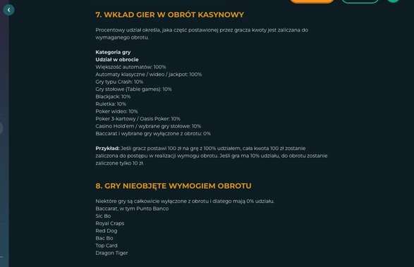 Punkty 7 i 8 strony Rokubet o obrocie: tabela wkładu gier w obrót ze slotami 100 procent i grami stołowymi 10 procent oraz lista gier z zerowym udziałem – baccarat, sic bo, royal craps, red dog, bac bo, top card i dragon tiger