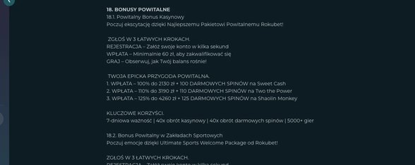 Fragment sekcji 18.1 regulaminu Rokubet: wpłata minimalnie 60 zł, trzy bonusy powitalne i kluczowe warunki – 7-dniowa ważność oraz 40x obrót bonusu i darmowych spinów