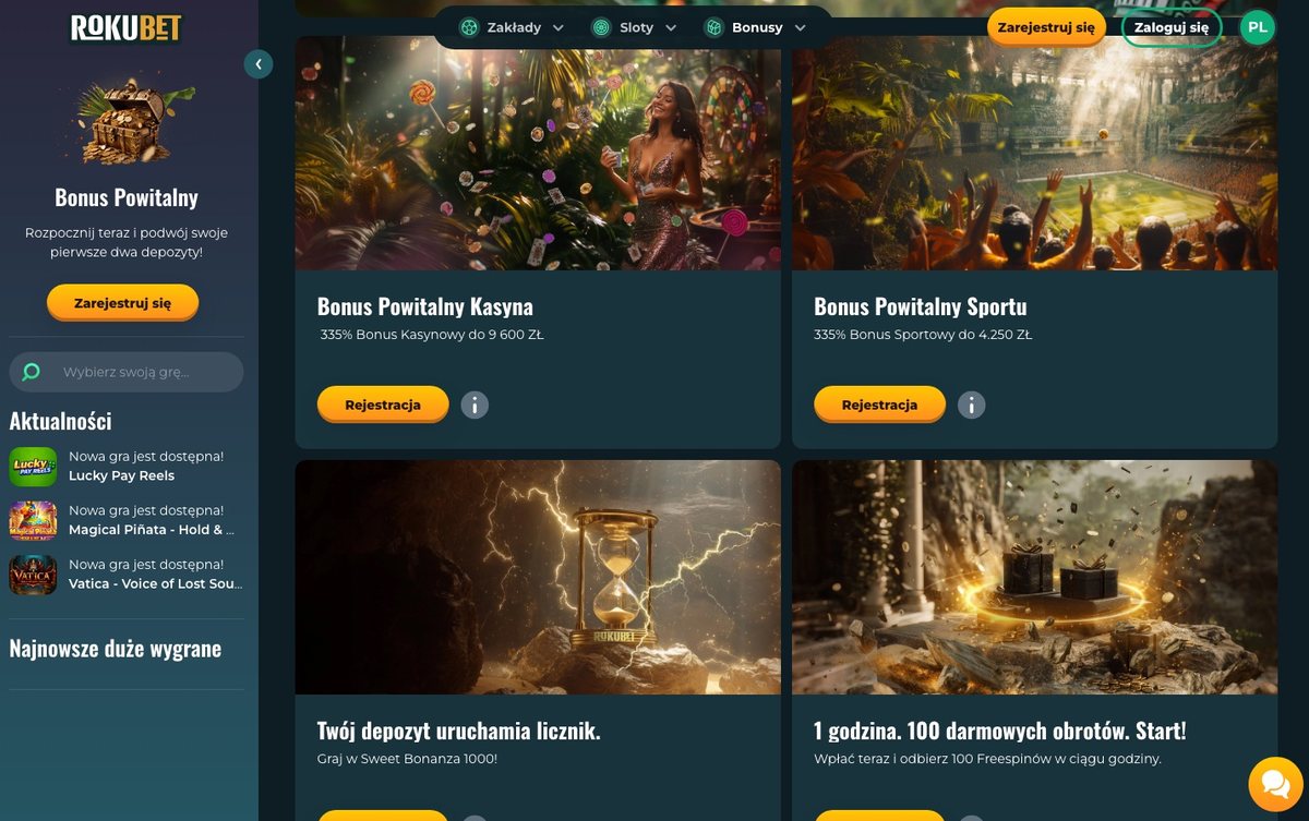Strona promocji Rokubet z bonusem powitalnym 335% do 9 600 zł