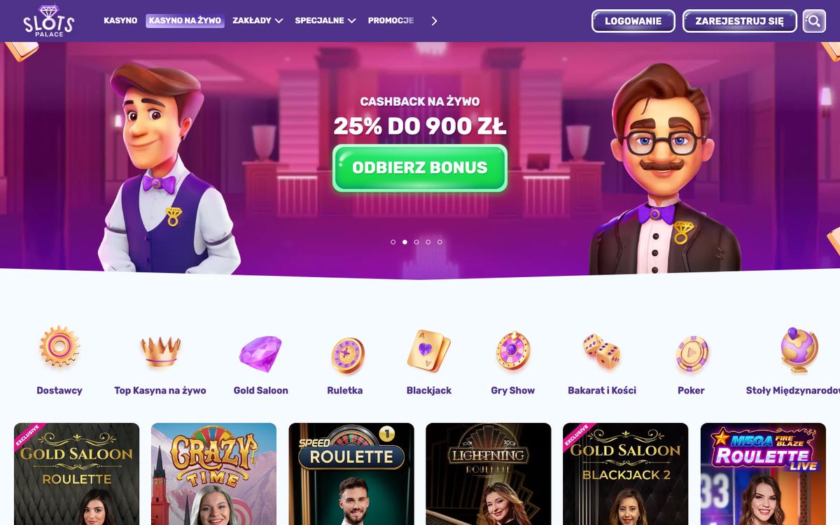 Kasyno na żywo w Slots Palace: baner cashbacku 25% do 900 zł, kategorie Top, Gold Saloon, Ruletka, Blackjack, Gry Show, Bakarat i Kości, Poker i Stoły Międzynarodowe oraz rząd stołów
