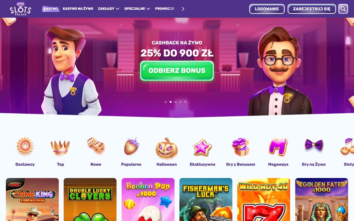 Lobby kasyna Slots Palace: baner cashbacku na żywo 25% do 900 zł, ikony kategorii Dostawcy, Top, Nowe, Popularne, Halloween, Ekskluzywne, Gry z Bonusem i Megaways oraz rząd slotów