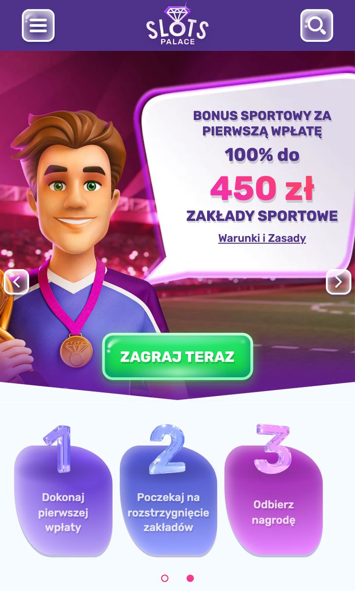 Mobilna wersja Slots Palace w przeglądarce: menu, logo, wyszukiwarka i baner bonusu sportowego 100% do 450 zł z trzema krokami