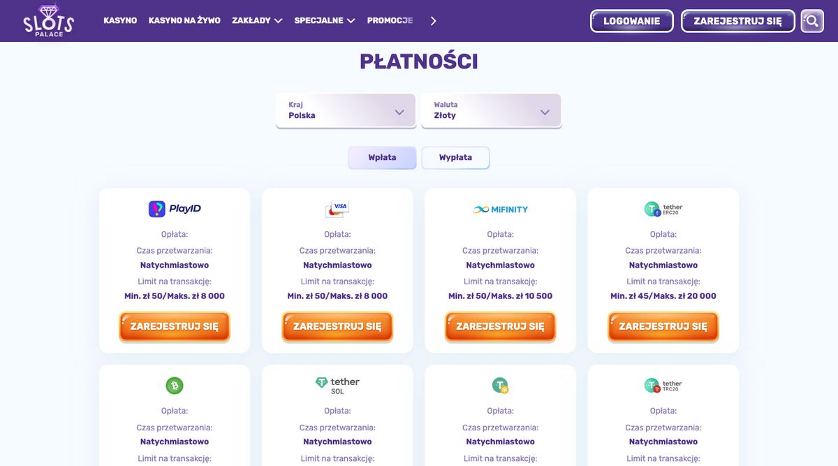 Strona Płatności Slots Palace dla kraju Polska i waluty złoty, zakładka Wpłata: PlayID, karta, MiFinity i kryptowaluty z limitami od 45 do 20 000 zł