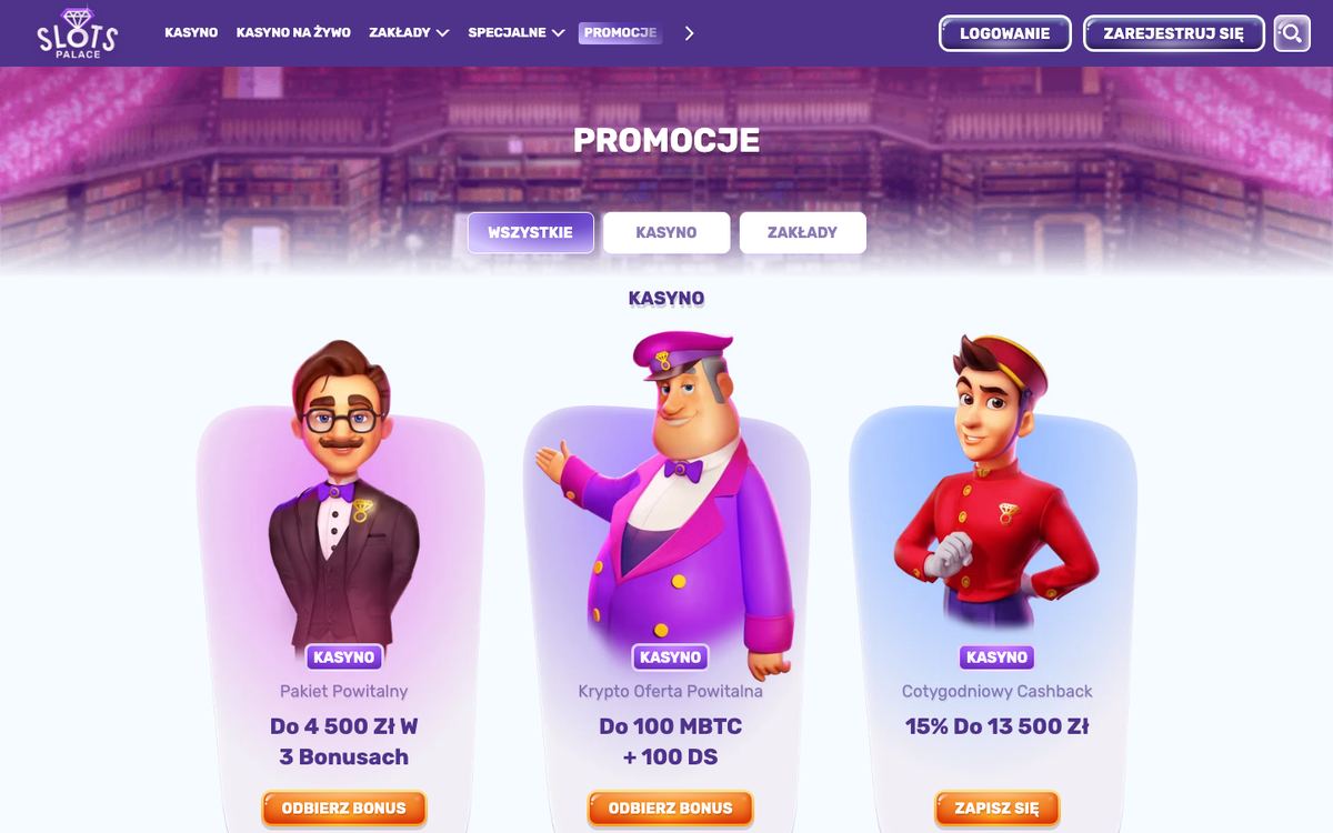 Strona Promocje w Slots Palace: karty Pakiet Powitalny do 4 500 zł w 3 bonusach, Krypto Oferta Powitalna do 100 mBTC + 100 DS i Cotygodniowy Cashback 15% do 13 500 zł