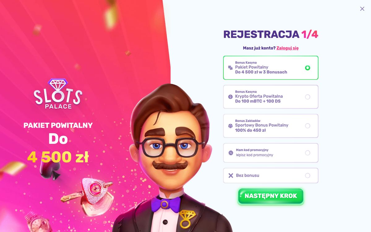 Okno Rejestracja 1/4 w Slots Palace: wybór między pakietem do 4 500 zł, krypto ofertą do 100 mBTC + 100 DS, bonusem sportowym 100% do 450 zł, kodem promocyjnym i opcją Bez bonusu