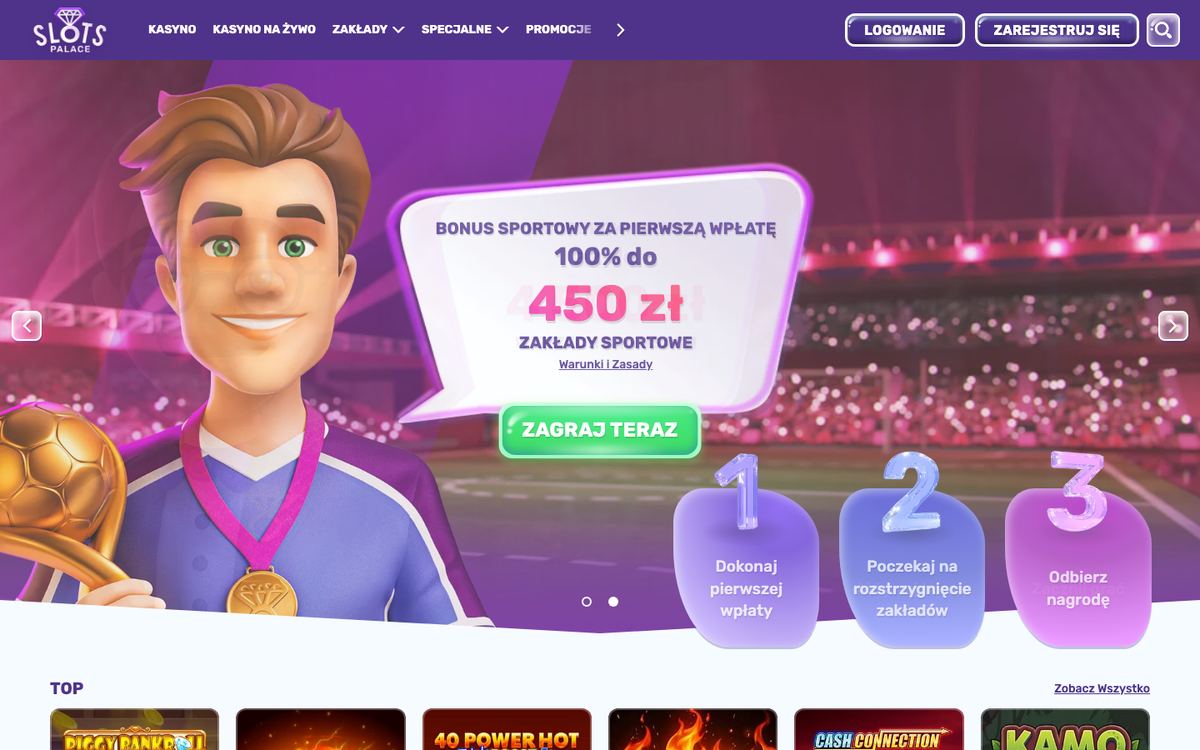 Strona główna Slots Palace na komputerze: menu Kasyno, Kasyno na żywo, Zakłady i Promocje, baner bonusu sportowego 100% do 450 zł i rząd gier TOP