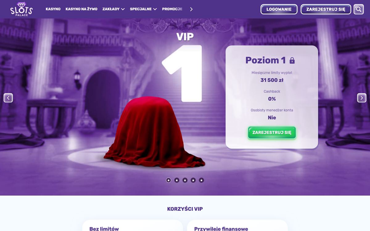 Strona VIP Slots Palace: karuzela poziomów z kartą Poziom 1 – miesięczny limit wypłat 31 500 zł, cashback 0%, bez osobistego menedżera