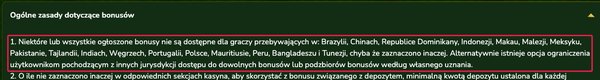 Punkt 1 zasad bonusów SpinMillion: lista krajów, w których ogłoszone bonusy nie są dostępne, a na niej obok Węgier i Portugalii Polska