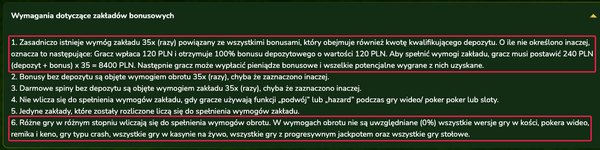 Wymagania dotyczące zakładów bonusowych SpinMillion: obrót 35x z przykładem 240 PLN razy 35 równa się 8400 PLN i lista gier z wkładem 0 procent