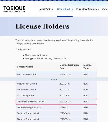 Lista posiadaczy licencji Tobique Gaming Commission z zaznaczonym wierszem Gophoenix Solutions Limited, 2027-08-29, B2C, bez numeru i domeny