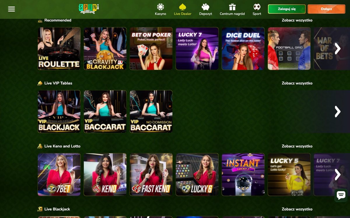 Lobby kasyna na żywo SpinMillion z ruletką, blackjackiem, grami BetGames i loteriami TVBET