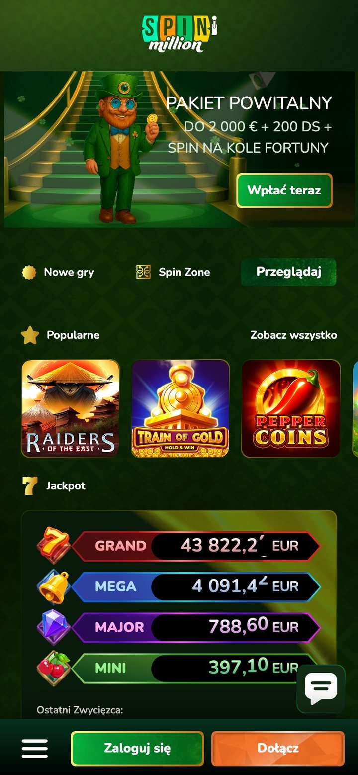 Wersja mobilna SpinMillion w przeglądarce telefonu z banerem pakietu powitalnego i jackpotami
