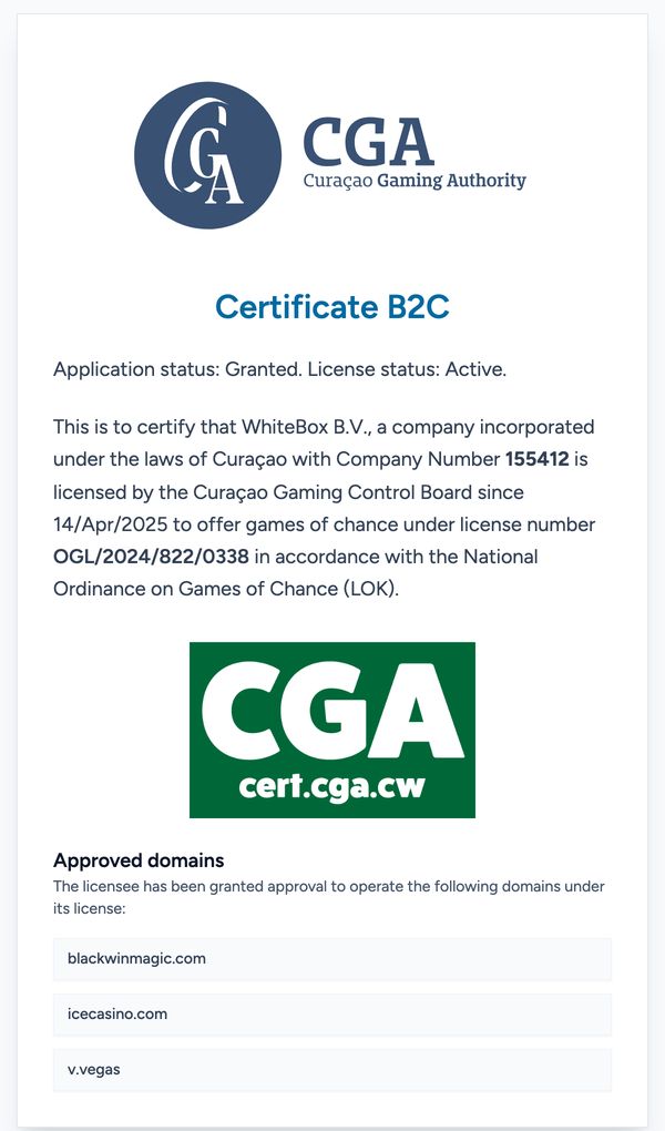 Certyfikat B2C z portalu CGA: WhiteBox B.V., numer spółki 155412, licencja OGL/2024/822/0338 od 14.04.2025, domeny blackwinmagic.com, icecasino.com i v.vegas