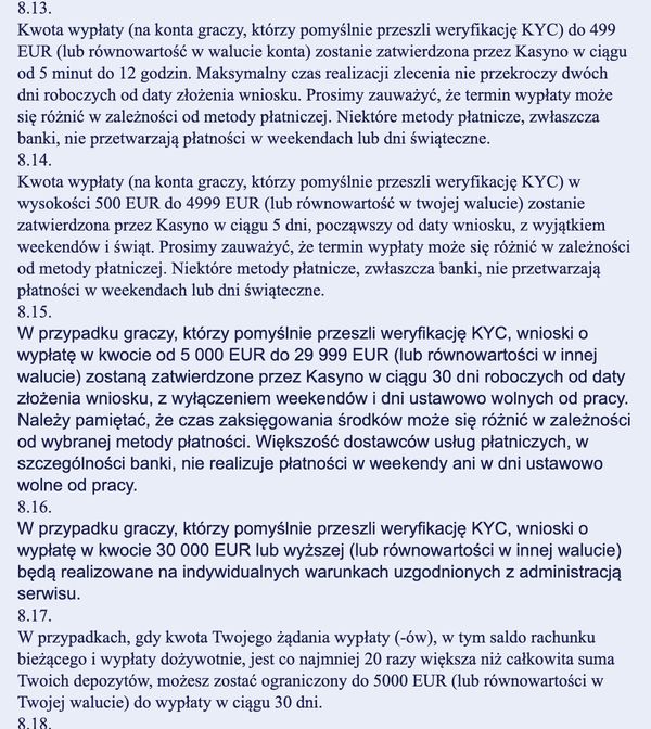 Polski regulamin V.Vegas, pkt 8.13–8.17: terminy zatwierdzenia wypłat od 12 godzin do 30 dni roboczych i limit 5 000 EUR na 30 dni przy wypłatach 20 razy wyższych od wpłat