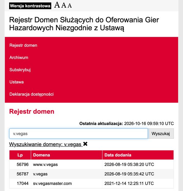 Wyszukiwarka rejestru domen MF dla frazy v.vegas: www.v.vegas i v.vegas dodane 19.08.2026, aktualizacja 16.10.2026 09:59 UTC