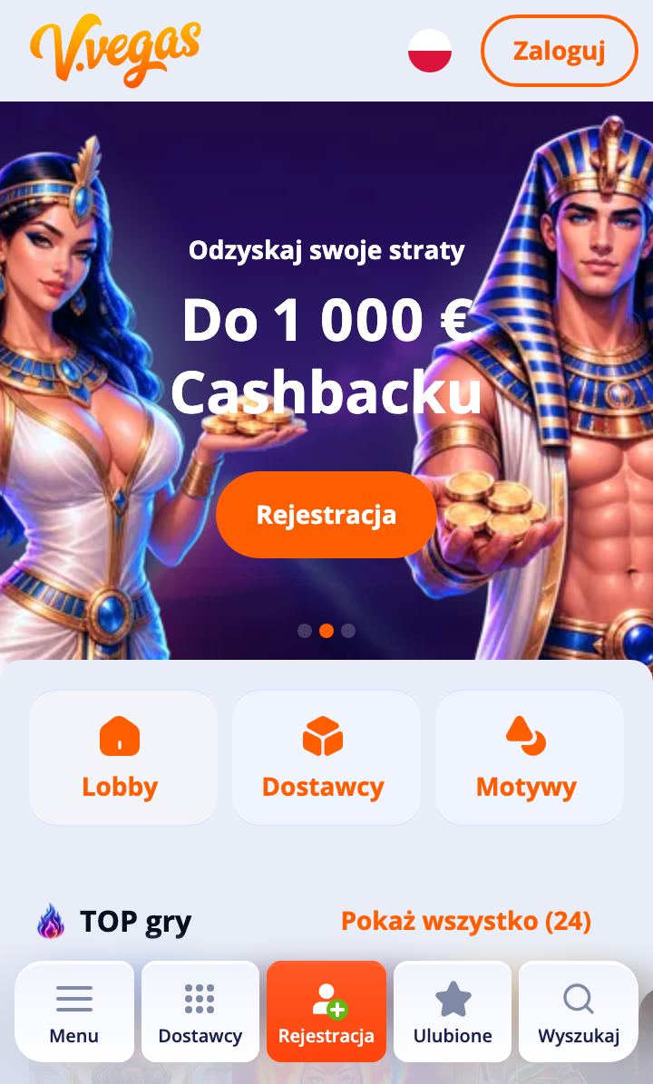 Mobilna wersja V.Vegas: baner cashbacku do 1 000 €, przyciski Lobby, Dostawcy i Motywy oraz dolny pasek z rejestracją
