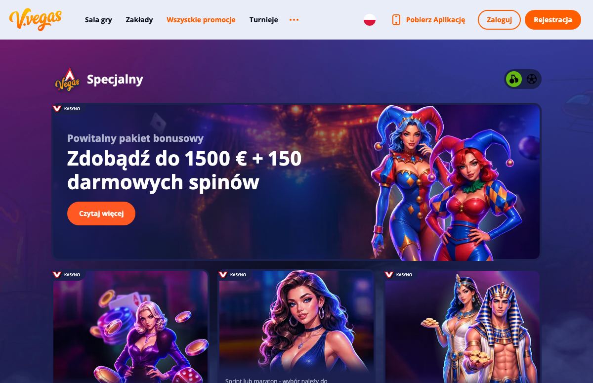 Strona promocji V.Vegas oglądana z Niemiec: baner oferty powitalnej – 1 500 € i 150 spinów – oraz karty kolejnych promocji