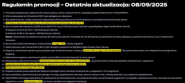 Regulamin bonusu za pierwszą wpłatę WatchMeWin: depozyt 40 zł, 7 dni, spiny 35x w 3 dni, stawka 20 zł, wypłata do 8000 zł, obrót 40x