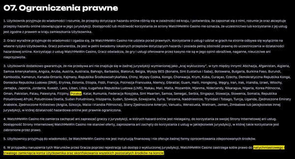 Punkt 07.3 regulaminu WatchMeWin z wyróżnionym słowem Polska na liście krajów wykluczonych i punkt 07.6 o zamknięciu konta i konfiskacie środków