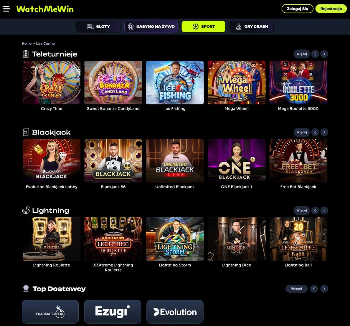 Kasyno na żywo WatchMeWin: Crazy Time, Mega Wheel, Lightning Roulette i stoły blackjacka Evolution