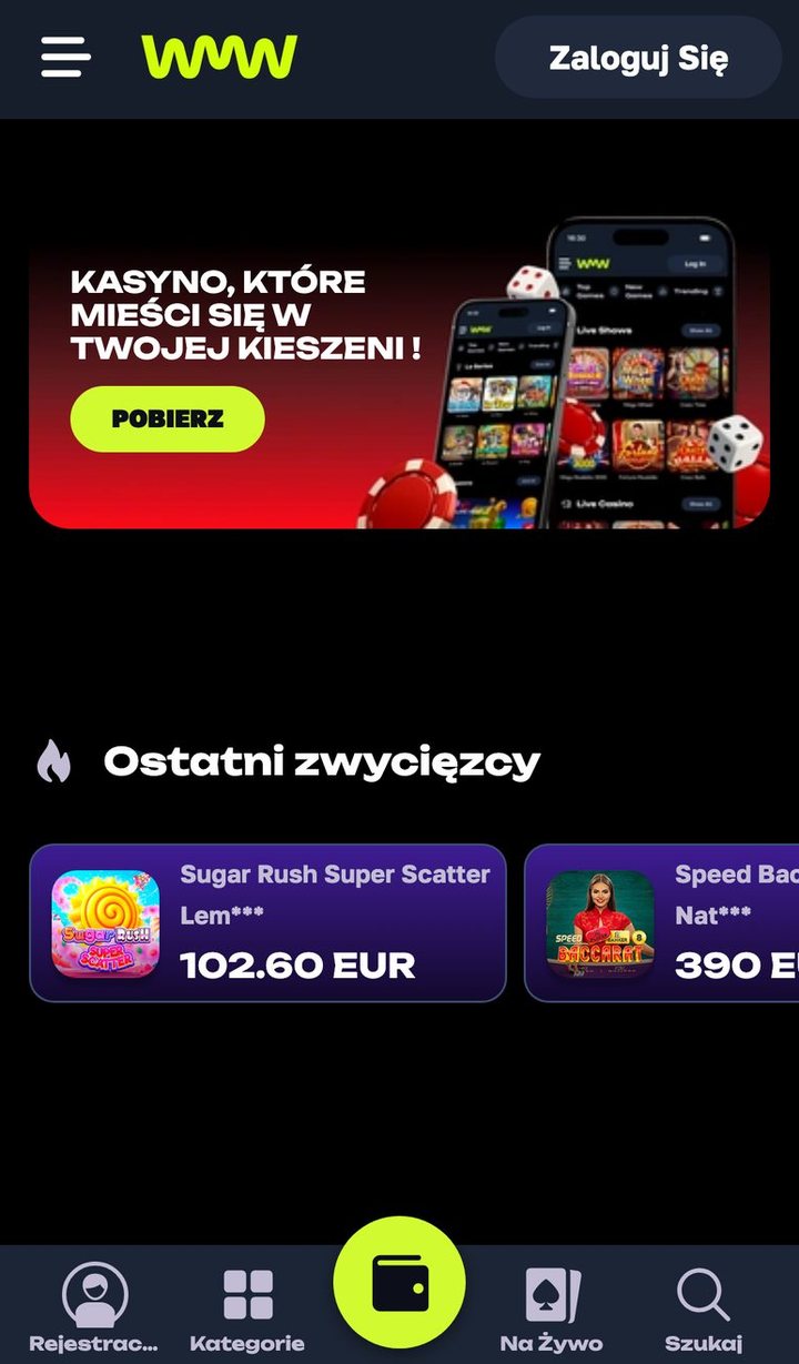 WatchMeWin na smartfonie: baner z przyciskiem Pobierz, sekcja Ostatni zwycięzcy i dolny pasek nawigacji