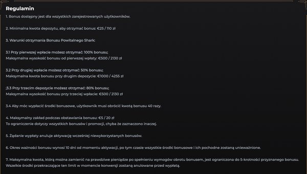 Regulamin pakietu Shark: wpłata od 110 zł, bonusy 100, 50 i 80%, obrót 40x bonusu, zakład do 20 zł, 10 dni i wypłata do 5-krotności bonusu