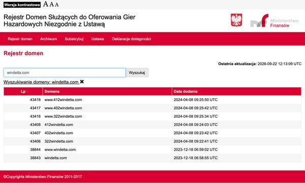 Rejestr domen MF: windetta.com i www.windetta.com dodane 18.12.2023 pod numerami 38843 i 38844 oraz 322windetta, 402windetta i 412windetta z 8.04.2024