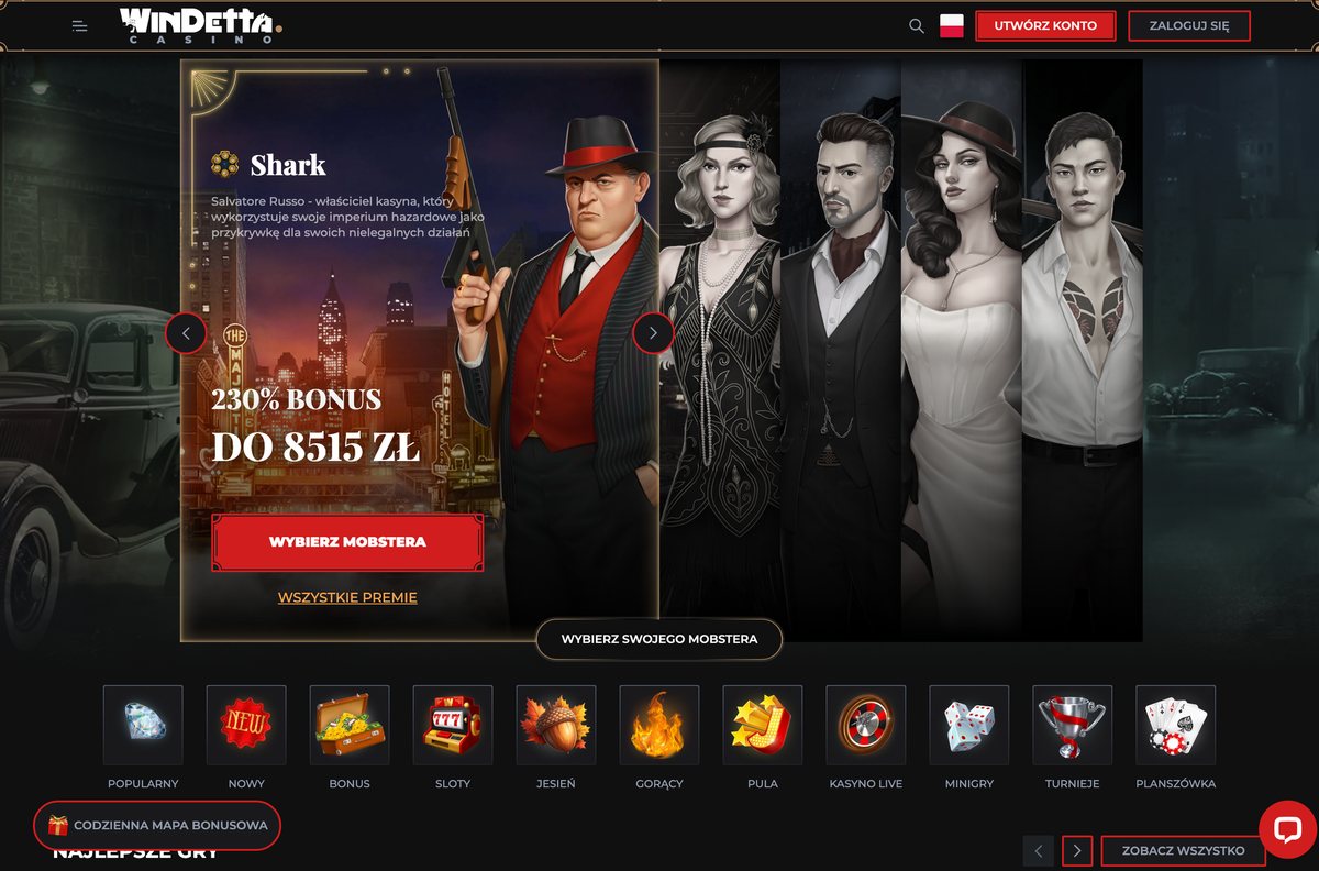 Strona główna Windetta na komputerze z banerem pakietu Shark 230% do 8515 zł i kategoriami gier
