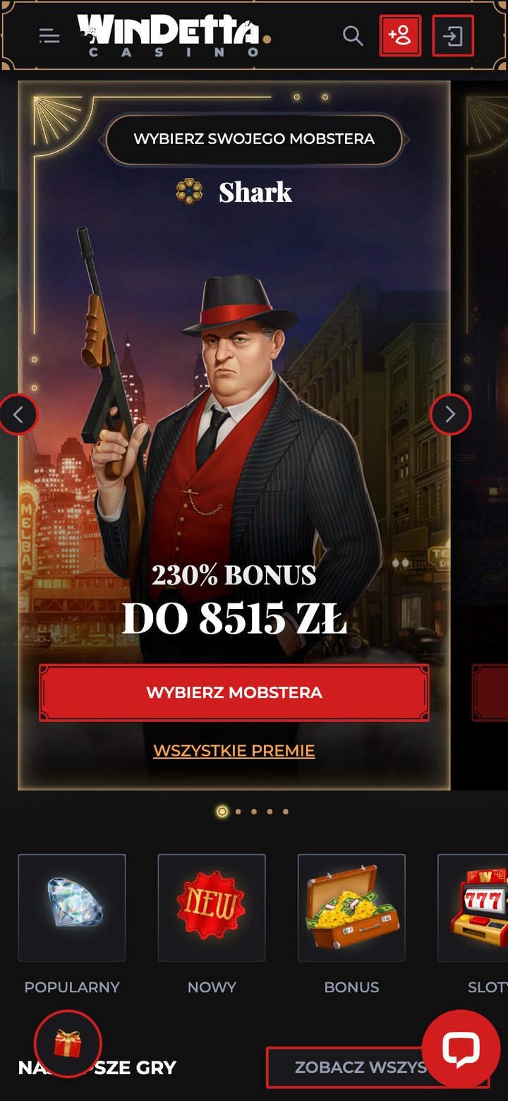 Mobilna wersja strony Windetta z banerem 230% bonus do 8515 zł i przyciskiem czatu
