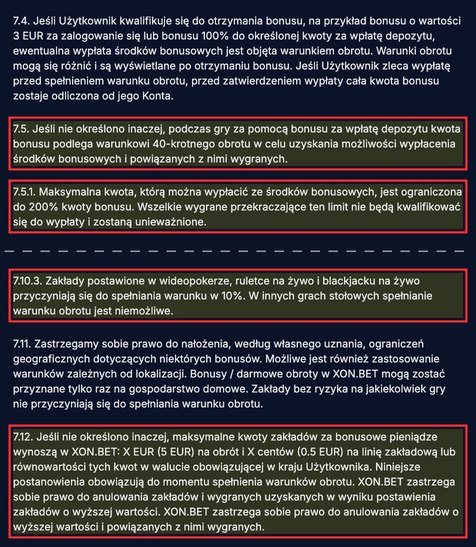 Punkty 7.5–7.12 regulaminu Xon Bet z wyróżnieniem: obrót 40x bonusu, wypłata z bonusu do 200%, gry na żywo w 10%, stawka „X EUR (5 EUR)”