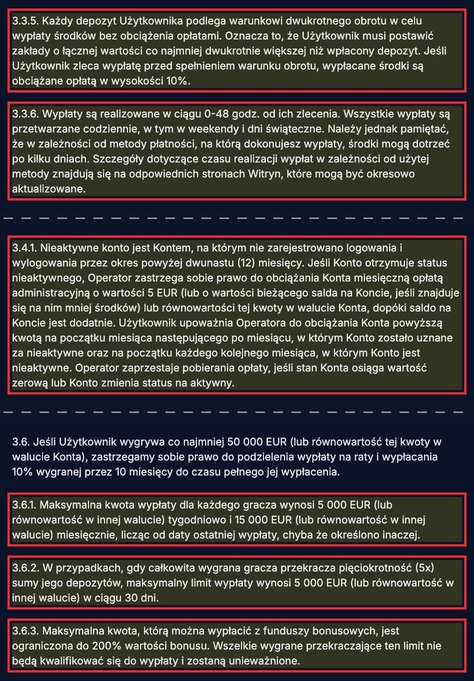 Punkty 3.3.5–3.6.3 regulaminu Xon Bet z wyróżnieniem: opłata 10% za wczesną wypłatę, 0–48 godzin, opłata za nieaktywność i limity wypłat