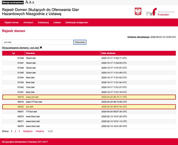 Rejestr domen MF po wyszukaniu „xon.bet”: wyróżnione wpisy 49302 xon.bet i 49316 www.xon.bet z 24 kwietnia 2025, obok numerowane lustra