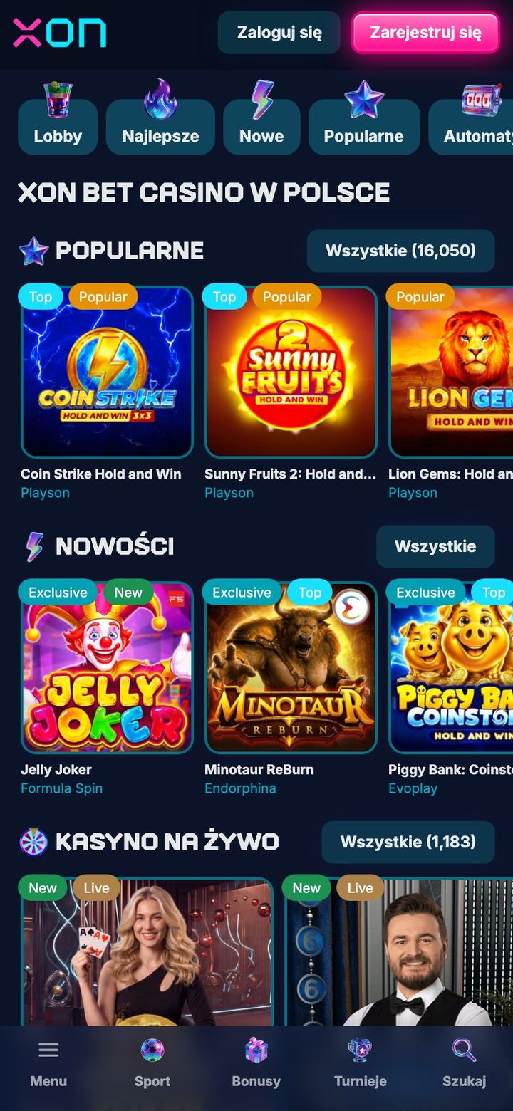 Wersja mobilna Xon Bet: kategorie gier, sekcja Popularne i dolne menu Sport, Bonusy, Turnieje