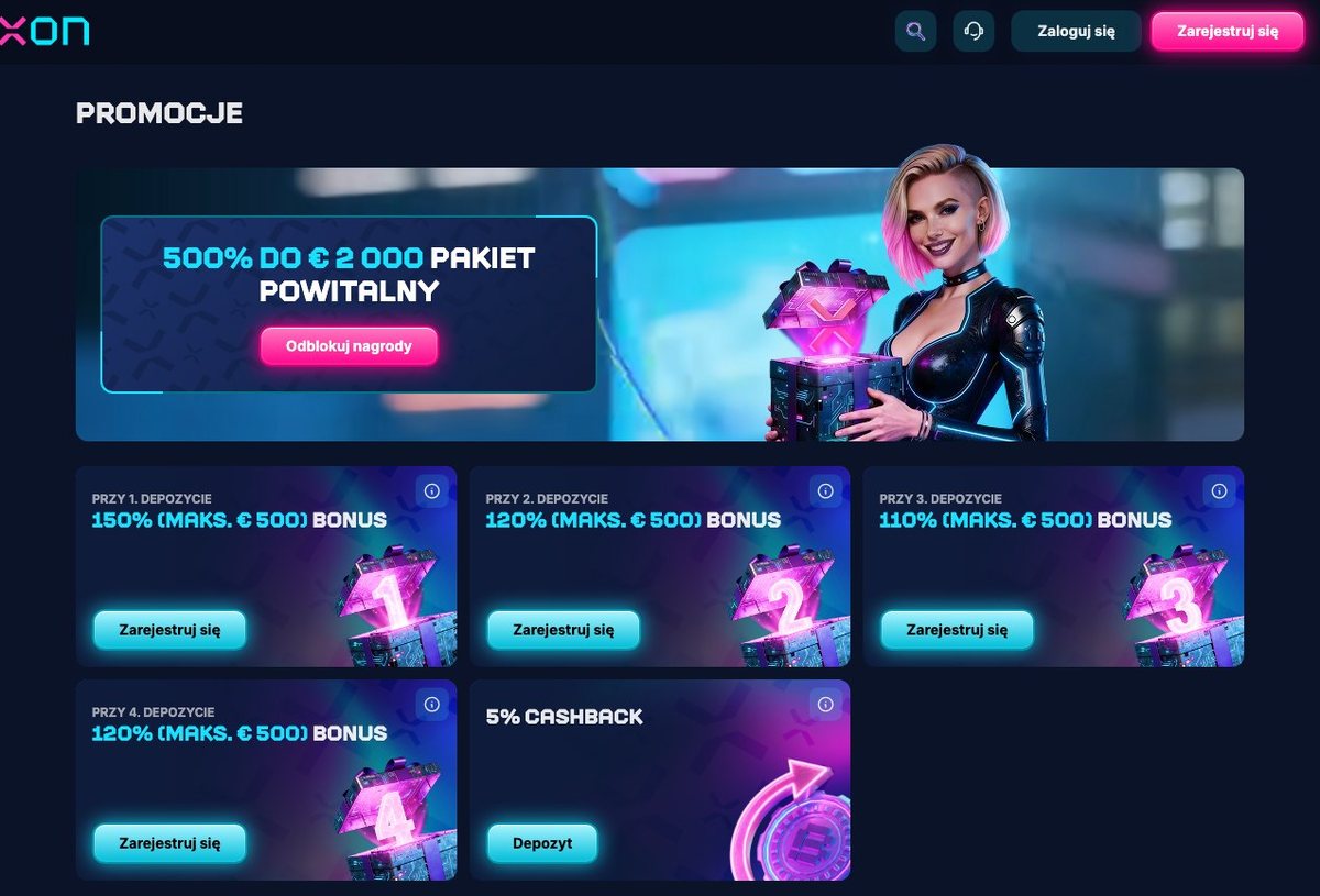 Strona promocji Xon Bet: pakiet powitalny 500% do 2 000 € i karty czterech bonusów oraz cashbacku 5%